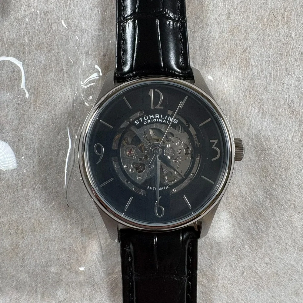 Stuhrling Original Skeleton Automatic Mens Watch Leather Strap Box & Papers